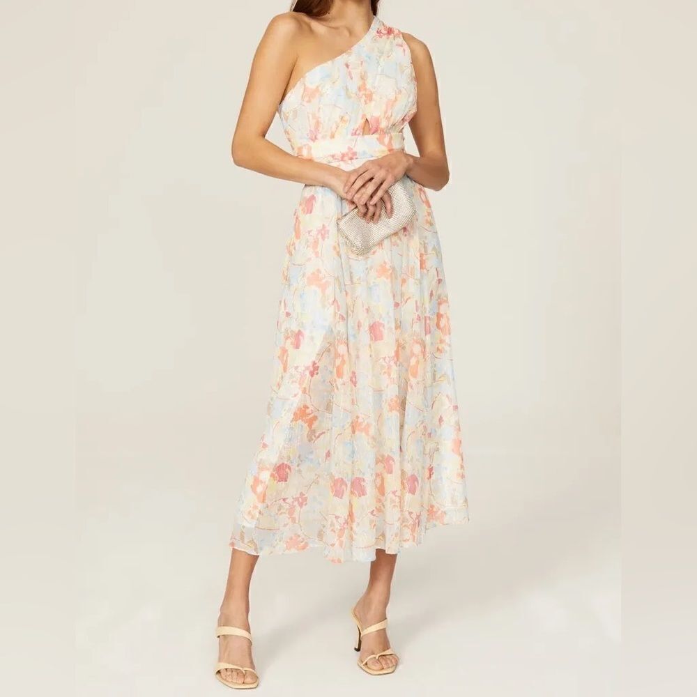 Likely Dress Women's 12 Sara Watercolor Floral One Shoulder Fit & Flare Midi NWT